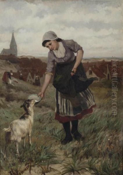 Girl Feeding A Little Goat, Scheveningen Oil Painting by Bernardus Johannes Blommers