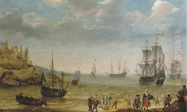 A rocky coastal scene with fisherfolk bringing in their catch, a Man-of-War and other shipping offshore Oil Painting by Abraham Willaerts