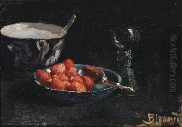 A Still Life With Strawberries Oil Painting by Bernardus Johannes Blommers