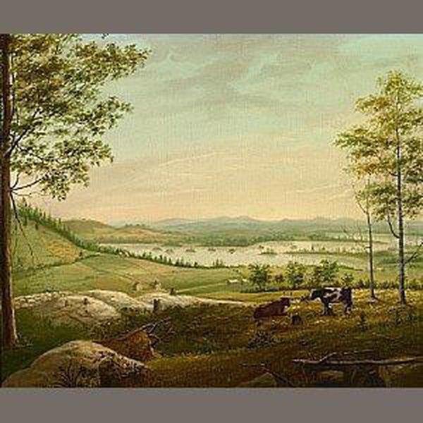 Cows Grazing On A Hillside With A View Of A Lake And Farmhouse Oil Painting by John Samuel Blunt