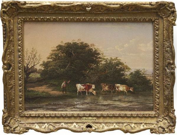 Cattle Watering With Herder Oil Painting by Edwin H., Boddington Jnr.