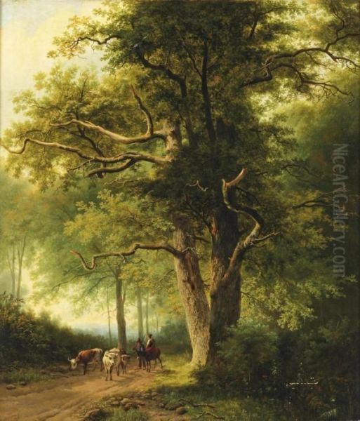 Figures With Cattle On A Path In A Forest Oil Painting by Willem Bodemann