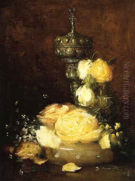 Silver Chalice With Roses Oil Painting by Julian Alden Weir