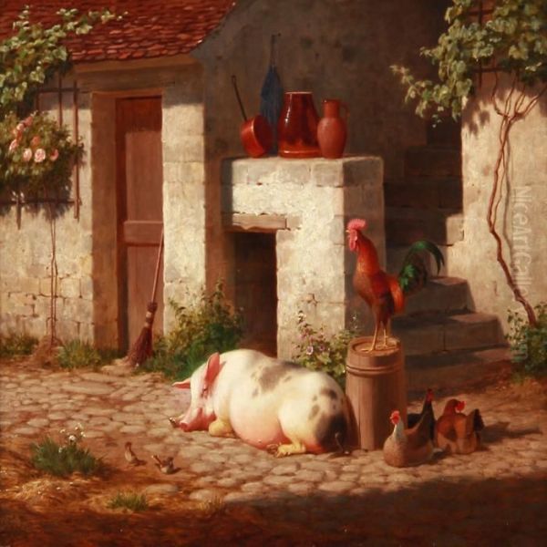 A Pig Basking In The Sun In Front Of A Farmhouse With Free-range Chickens Oil Painting by Carl Henrik Bogh