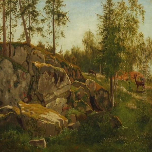 Landscape With Rocks And Grazing Deers Oil Painting by Carl Henrik Bogh