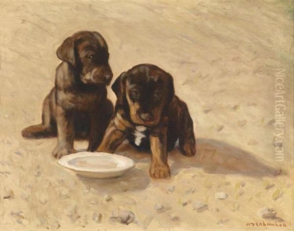 Puppies Oil Painting by Nikolai Alekseevich Bogatov