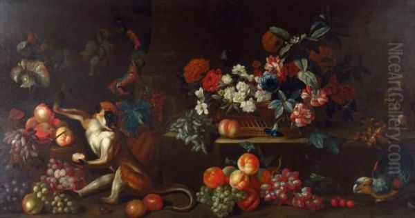 Still Life: Fruits And Flowers On A Ledge Oil Painting by Jakob Bogdani Eperjes C