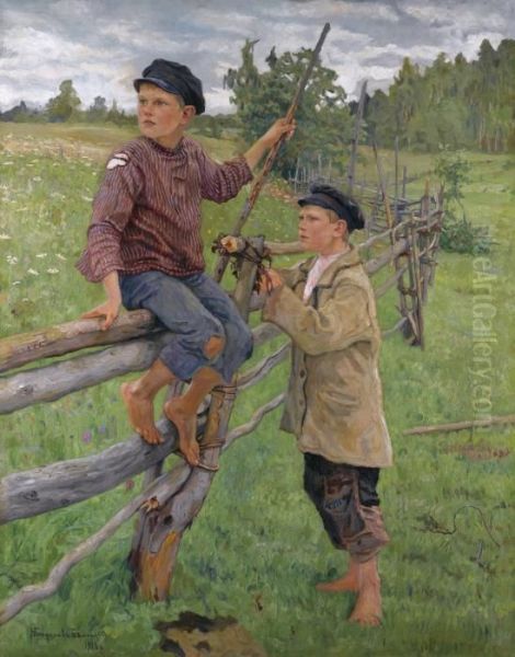 Country Boys Oil Painting by Nikolai Petrovich Bogdanov-Belsky