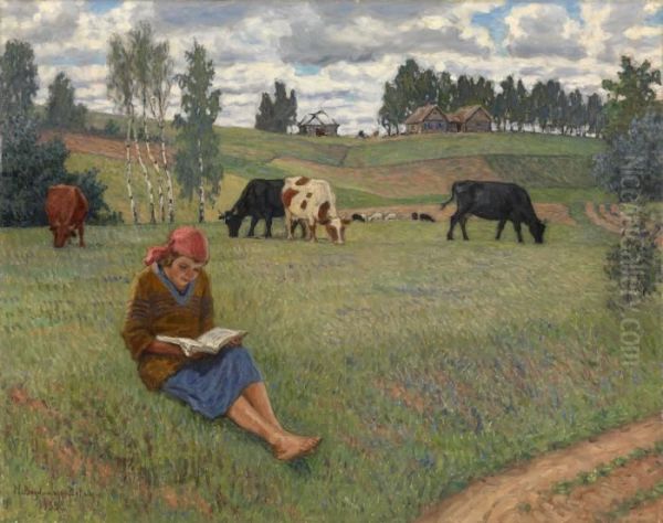 Girl Reading In A Meadow Oil Painting by Nikolai Petrovich Bogdanov-Belsky