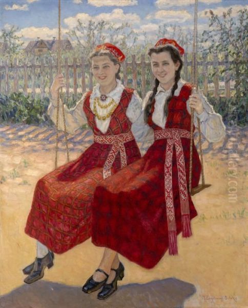 Two Girls On A Swing Oil Painting by Nikolai Petrovich Bogdanov-Belsky