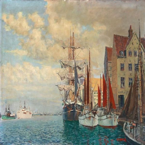 Harbour Scene From Copenhagen Oil Painting by Christian Bogo