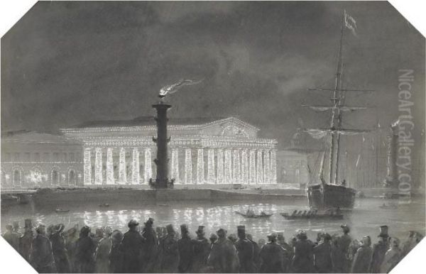 The Stock Exchange And Rostral Columns, St. Petersburg, Illuminated At Night Oil Painting by Ludwig Franz Karl Bohnstedt