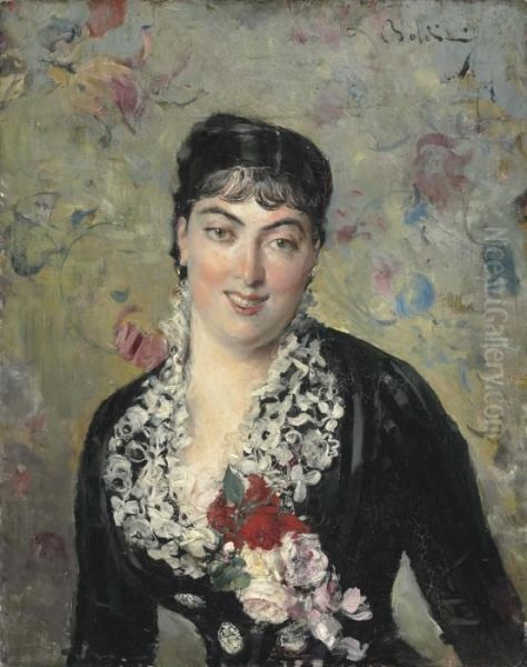 Portrait De Femme Au Bouquet De Roses Oil Painting by Giovanni Boldini