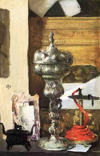 Silver Chalice, Japanese Bronze and Red Tapir Oil Painting by Julian Alden Weir