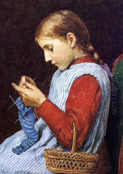 Girl Knitting Oil Painting by Julian Alden Weir