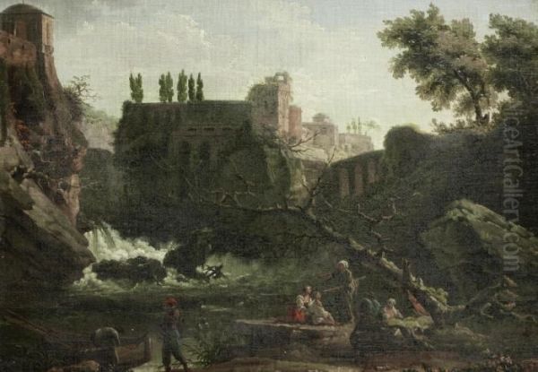 Figures Seated Before An 
Italianate Landscape, With A Waterfall In The Distance And A Villa On 
The Horizon Oil Painting by Carlo Bonavia