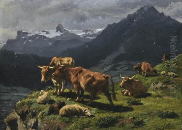 Cattle And Sheep In An Alpine Landscape Oil Painting by Rosa Bonheur