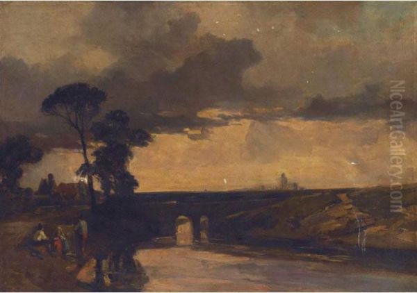 Travellers Resting By An Aquaduct Oil Painting by Richard Parkes Bonington