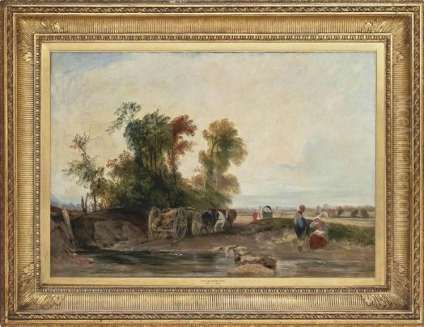 A River Landscape With A Timber Wagon, Figures Resting In The Foreground Oil Painting by Richard Parkes Bonington