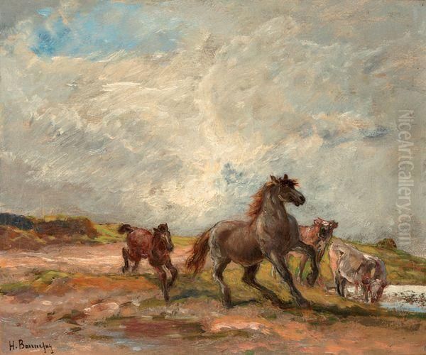 Chevaux Au Pre Oil Painting by Henri-Arthur Bonnefoy