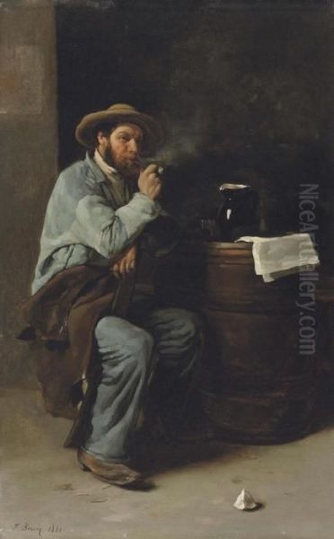 A Man In An Interior Smoking A Pipe Oil Painting by Francois Bonvin