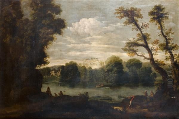 Chasseurs Dans Un Paysage De Riviere Oil Painting by Pietro Paolo Bonzi