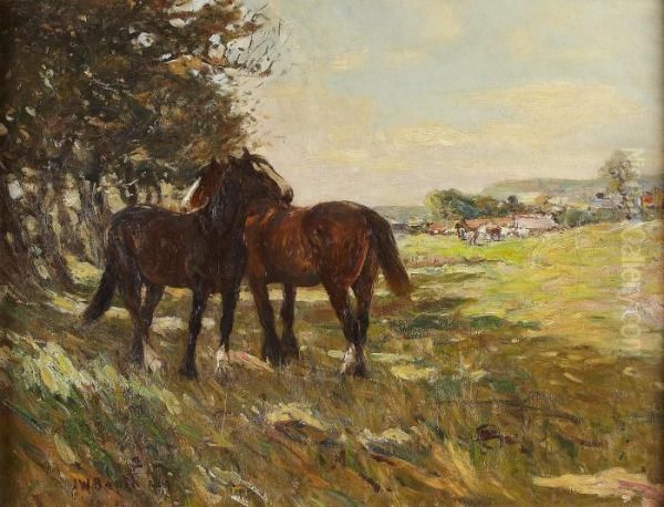 A Sunlit Meadow With Shires And Sheep Oil Painting by James William Booth