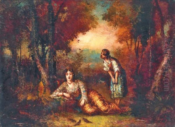 Deux Femmes A La Cage Aux Oiseaux Oil Painting by Frederic Borgella