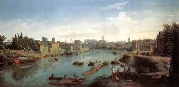 Rome- the Tiber near the Porto di Ripa Grande c. 1711 Oil Painting by Caspar Andriaans Van Wittel