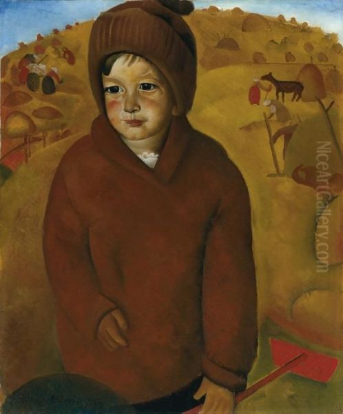 Boy At Harvest Time Oil Painting by Dmitrievich Grigor'Ev Boris