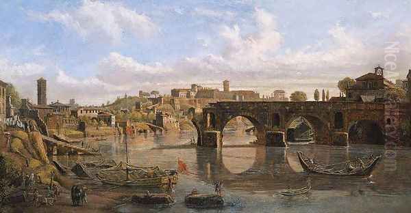 Rome, View of the River Tiber with the Ponte Rotto and the Aventine Hill Oil Painting by Caspar Andriaans Van Wittel