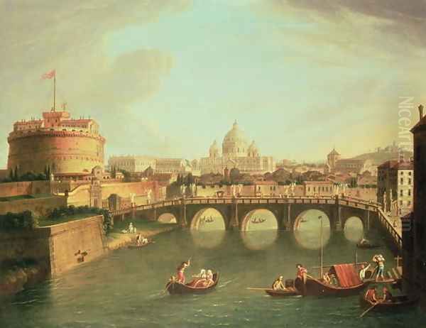 A View of Rome with the Bridge and Castel St. Angelo by the Tiber Oil Painting by Caspar Andriaans Van Wittel