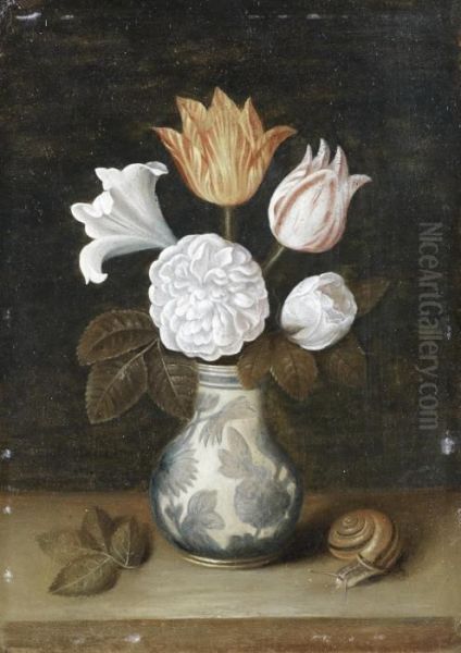 Roses, A Lily And Variegated Tulips In A Blue And White Vase, With A Snail Nearby Oil Painting by Ambrosius the Elder Bosschaert