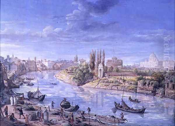 View of Rome with St. Peters and Castel Sant Angelo in the distance, 1685 Oil Painting by Caspar Andriaans Van Wittel