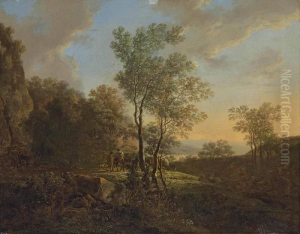 An Italianate Wooded Landscape With Travellers On A Path Oil Painting by Jan Both