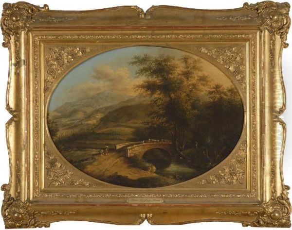 Rural Landscape With Peasant Figures And Cattle At A Bridge Oil Painting by Jan Both