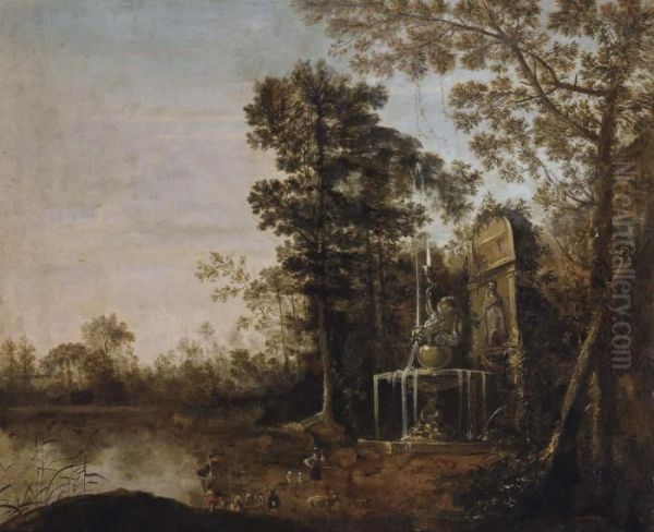 A Wooded Landscape With A Goatherd Before A Fountain Oil Painting by Jan Both