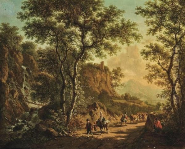 A Mountainous River Landscape 
With A Drover And His Cattle, Travellers On A Track, A Waterfall Beyond Oil Painting by Jan Both