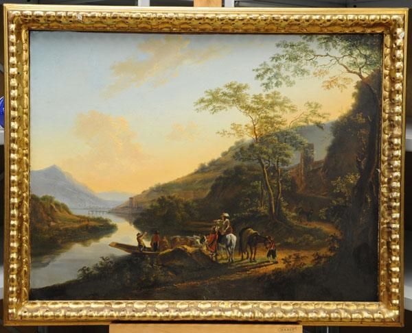 Cattle Being Led Off A Ferry 
Boat With Figures And Horses Standing By In Extensive Landscape Oil Painting by Jan Both