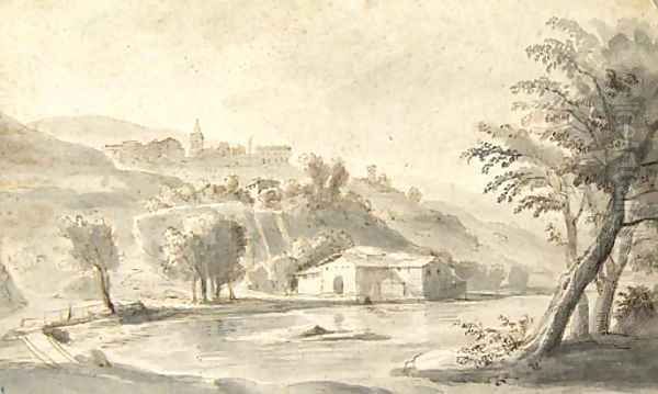 An Italian village on a hill seen from a river bank Oil Painting by Caspar Andriaans Van Wittel