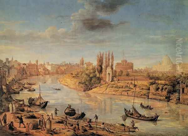 View of Rome with the Tiberand Castel Sant'Angelo Oil Painting by Caspar Andriaans Van Wittel