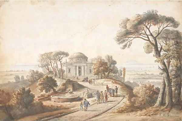 A landscape with figures walking towards a temple, the sea in the background Oil Painting by Caspar Andriaans Van Wittel