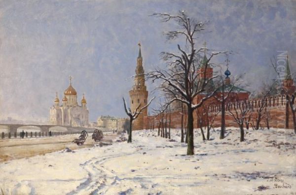 View Of The Kremlin And Cathedral Of Christ The Saviour In Winter Oil Painting by Paul Louis Bouchard