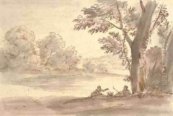 A lake on the edge of a wood with two figures by a tree Oil Painting by Caspar Andriaans Van Wittel