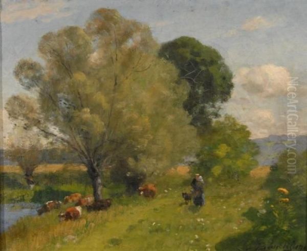 Woman And Child In Pastoral Landscape Oil Painting by Louis Alexandre Bouche