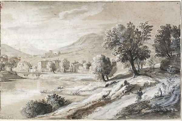 An extensive river landscape with travellers, mountains in the distance Oil Painting by Caspar Andriaans Van Wittel