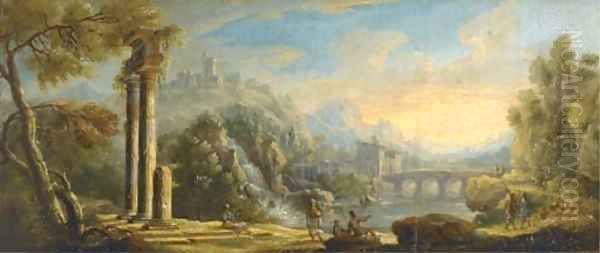 An Italianate river landscape with ruins and herdsmen on a path Oil Painting by Caspar Andriaans Van Wittel