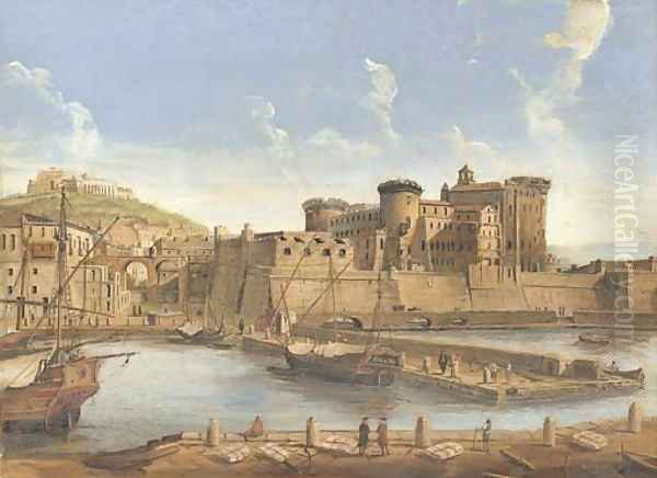 La Darsena delle galere View of Naples from the harbour, with a view of the Castel Nuovo and Capodimonte beyond Oil Painting by Caspar Andriaans Van Wittel