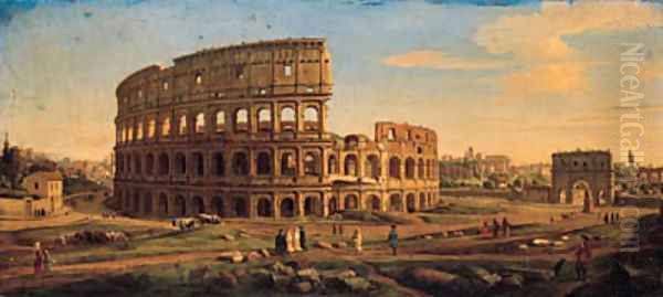 The Colosseum and the Arch of Constantine, looking towards the Forum, with figures and artists sketching Oil Painting by Caspar Andriaans Van Wittel