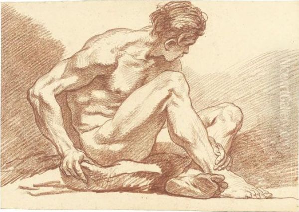 An Academy Study: A Seated Male Nude Oil Painting by Francois Boucher